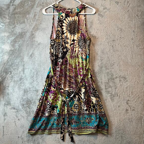 Y2K Boho Maxi Dress‎ Size Empire Waist Beaded Accent Hippie Gypsy Floral Size LG - Picture 6 of 6